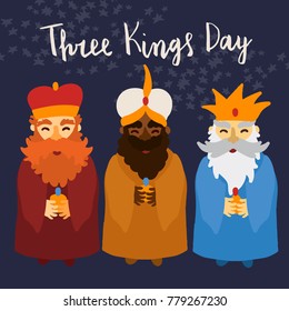 Three kings day Epiphany greeting card template. Hand written brush lettering. Flat illustration of wise men with gifts smiling.
