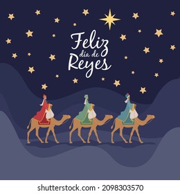 Three kings day greeting card. Epiphany day. Three wise men on camels. 