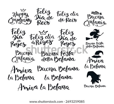 Three Kings Day, Happy Epiphany Spanish, Italian, Portuguese hand lettering quotes set, isolated on transparent. Hand drawn vector illustration. Seasonal design elements, holiday clip art set