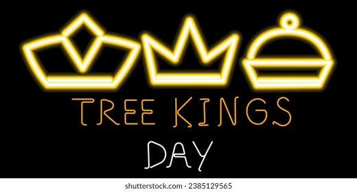 Three Kings Day holiday sign. Stock vector illustration with shining 3 crowns on a black background.