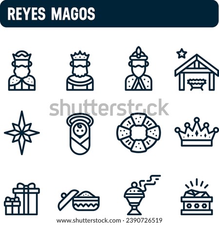 Three Kings Day icons. Vector set of the Three Wise Men. Outline icon design. January 6th tradition, toys and gifts.