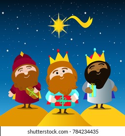 Three kings day. Melchior, Caspar and balthazar with their gifts. Night background with the star of Bethlehem.