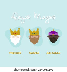 Three Kings Day in Spanish. Reyes Magos. Melchor, Gaspar, Baltasar. Merry Christmas inspiration. Vector illustration, flat design