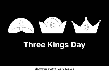 Three Kings Day. White logo, icon on black background. Vector template Illustration