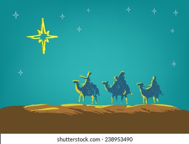 Three Kings follow the Star of Bethlehem doodle artwork vector