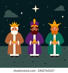 Three kings with gifts going to the light of the star of Bethlehem to meet the newborn King, Jesus Christ. Vector illustration. Biblical scene with the three wise men.