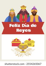 Three kings. Greeting card in Spanish. Three biblical wise men Caspar, Melchior, Balthazar and gifts. Vector illustration