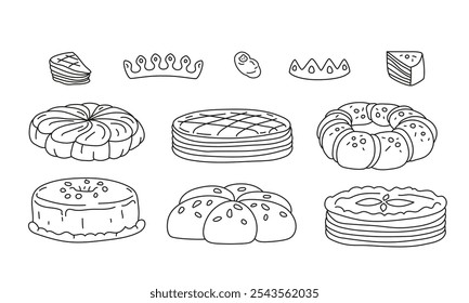 Três reis bolos de feriado. Conjunto de comida de padaria tradicional. Galeta de Natal. Pedaço de massa, figura de bebê, coroa. Linhagem. Doodle Elementos de epifania. Ilustração vetorial.