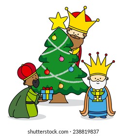 The Three Kings leaving gifts. Christmas card.