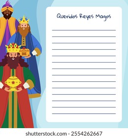 Three kings. Letter to the three wise men from the east. Dear three wise men - Text in spanish. Happy Epiphanius day. Vector illustration