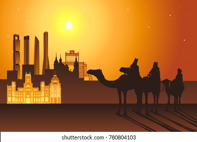 Three Kings: Melchior,Caspar,Balthazar ride camels to Madrid city vector illustration. Cibeles palace, Cuatro torres, Gran Via landmarks and buildings.
Reyes Magos de Oriente holiday camelcade.