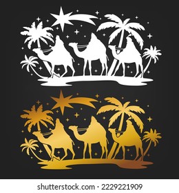 Three Kings Nativity Scene Silhouette. Holidays Christmas Religion. Holly Night Wise Men. Cut File Design. Vector Clip Art.