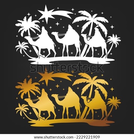 Three Kings Nativity Scene Silhouette. Holidays Christmas Religion. Holly Night Wise Men. Cut File Design. Vector Clip Art.