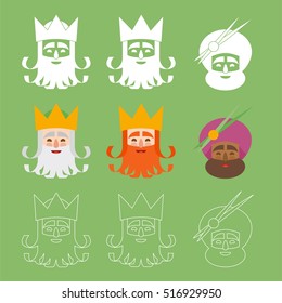 the three kings of orient. 3 magi icons vector green set


