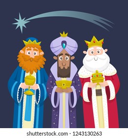 The three Kings of Orient Chrismas card. Three Wise Men. Cartoon character design. Melchior, Gaspard and Balthazar with presents for Jesus. Vector illustration.