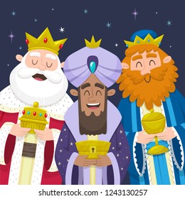 Three kings of Orient. Funny portrait of Three Wise Men. Melchior, Gaspard and Balthazar smiling and bringing presents for Jesus. Vector illustration.