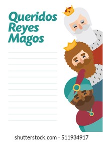 The three kings of orient. Funny vectorized letter. Dear wise men written in Spanish