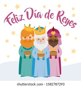 The three kings of orient, Melchior, Gaspard and Balthazar, on a white background. Christmas vectors. Happy Epiphany written in Spanish