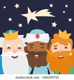 The three kings of orient, Melchior, Gaspard and Balthazar, on a blue background. Christmas vectors.