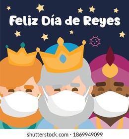 The three kings of orient, Melchior, Gaspard and Balthazar wearing an anti virus protection mask to prevent others from corona COVID-19 and SARS cov 2 infection. Happy Epiphany written in Spanish