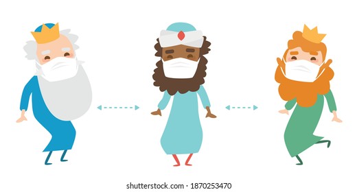 The three kings of orient, Melchior, Gaspard and Balthazar, on a white background wearing an anti virus protection mask to prevent others from corona COVID-19 and SARS cov 2 infection. Safety distance