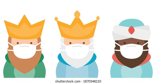 The three kings of orient, Melchior, Gaspard and Balthasar wearing an anti virus protection mask to prevent others from corona COVID-19 and SARScov 2 infection