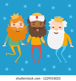 The three kings of orient on a blue background. Wise men Caspar, Melchior and Balthazar