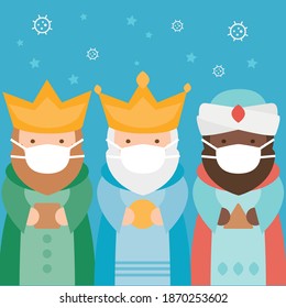 The three kings of orient on a blue background. Wise men Caspar, Melchior and Balthazar wearing an anti virus protection mask to prevent others from corona COVID-19 and SARS cov 2 infection.