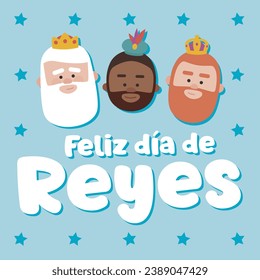 The three kings of orient on a blue background. Christmas vectors. Happy Epiphany written in Spanish