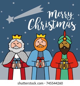 The three kings of orient on a blue background. Merry Christmas.