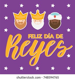 The three kings of orient on a purple background. Christmas vectors. Happy Epiphany written in Spanish