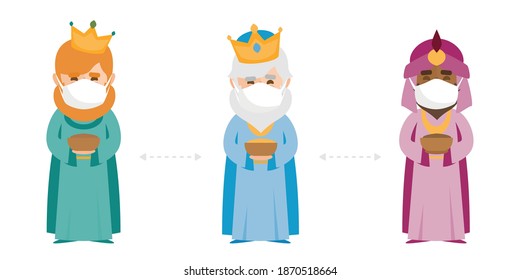 The three kings of orient respect the safety distance and wearing an anti virus protection mask to prevent others from corona COVID-19 and SARS cov 2 infection.