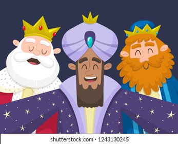 The three Kings of Orient taking a selfie. Funny cartoon illustration of the three Wise Men: Melchior, Balthazar and Gaspard.