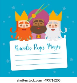 The three kings of orient. vectorized letter. Dear wise men written in Spanish