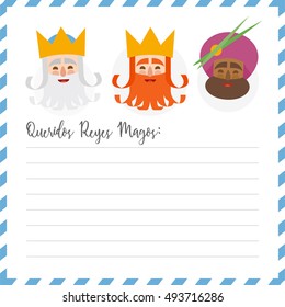 The three kings of orient. vectorized letter. Dear wise men written in Spanish