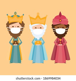 the three kings of orient wearing an anti virus protection mask to prevent others from corona COVID-19 and SARS cov 2 infection on a yellow background 