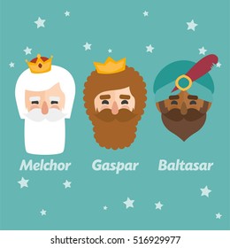 Los tres Reyes de Oriente, sabios, 3 mágicos iconos vectorial conjunto turquesa. Melchor, Caspar y Balhazar escritos en español

