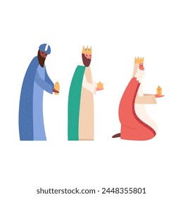 Tres reyes rezando con regalos para el bebé Jesucristo, Ilustración vectorial plana de dibujos animados aislada sobre fondo blanco. Tres sabios o magos bíblicos arrodillados. Belén y celebración de Navidad.