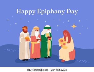 Three kings present gifts to Mary with newborn Jesus. Stars in sky. Happy Epiphany day banner with people. Simple abstract vector illustration. Men in oriental robes, woman with baby in hands.