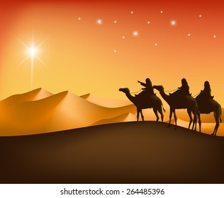 The Three Kings Riding with Camels in the Desert Guided with the Star Going to Bethlehem to See New Born Jesus. Editable Vector Illustration