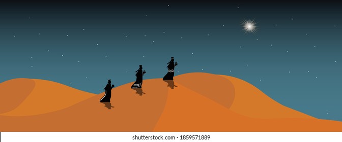 Three kings walking night desert star vector illustration. Epiphany is a Christian festival.