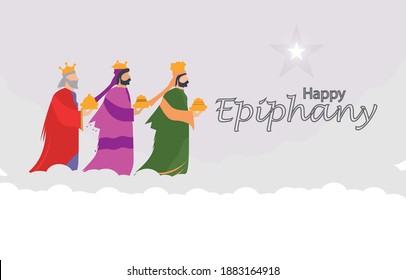 Three kings walking night desert star vector illustration. Epiphany is a Christian festival.