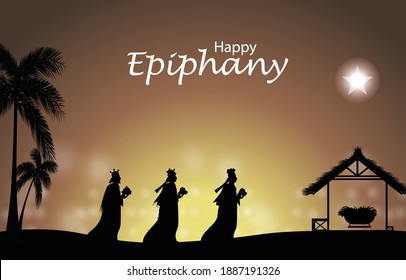 Three kings walking night desert star vector illustration. Epiphany is a Christian festival.
