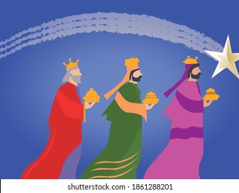 Three kings walking vector illustration. Epiphany is a Christian festival.
