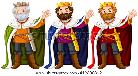 Three kings wearing crown and robe illustration
