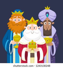 Three Kings. Three wise men portrait. Melchior, Gaspard and Balthazar bringing gifts for Jesus. Vector illustration.