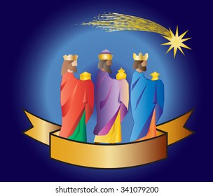 Three kings or three wise men with a star and a ribbon. Christmas nativity vector illustration.