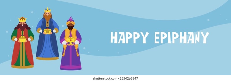 Three kings.Horizontal card, banner.Happy Epiphany.Three wise men bring gifts. Biblical kings Caspar, Melchior, Balthazar.Vector illustration