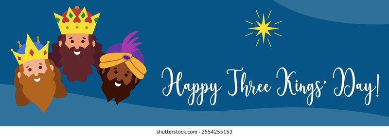 Three kings.Horizontal greeting card, banner. Three wise men bring gifts. Biblical kings Caspar, Melchior, Balthazar. Vector illustration background.