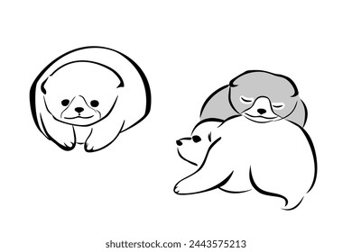 Three Kishu dog puppies, in the style of Japanese watercolor painting with wide brush strokes. Modeled on a woodblock print from the Edo period, in the year 1802. Isolated illustration. Vector.